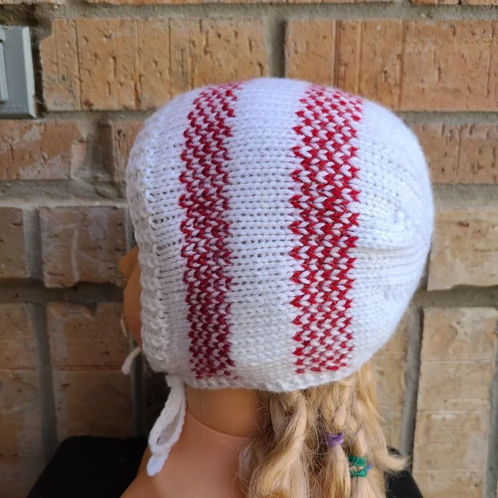 Baby Girl Knit Hat Bonnet White Red Front Tie Handmade Size 5-9 Months